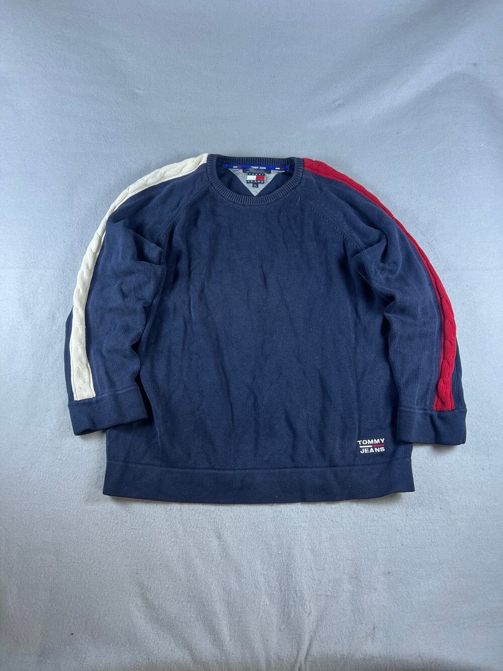 Vintage Tommy Jeans Sweater Mens XL Blue Crew Neck Cable Knit Stripe Sleeves 90s